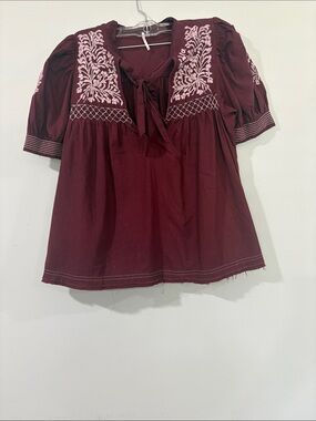 FREE PEOPLE BOHO EMBROIDERED PUFF SLEEVES PEASANT BLOUSE SIZE M